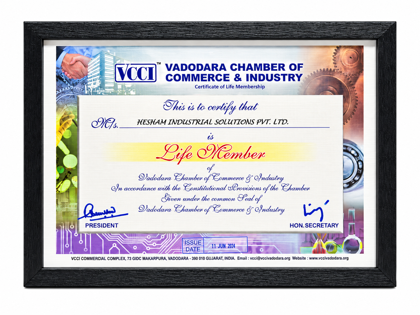 VCCI Life Membership Certificate of Hesham Industrial Solutions Pvt. Ltd.