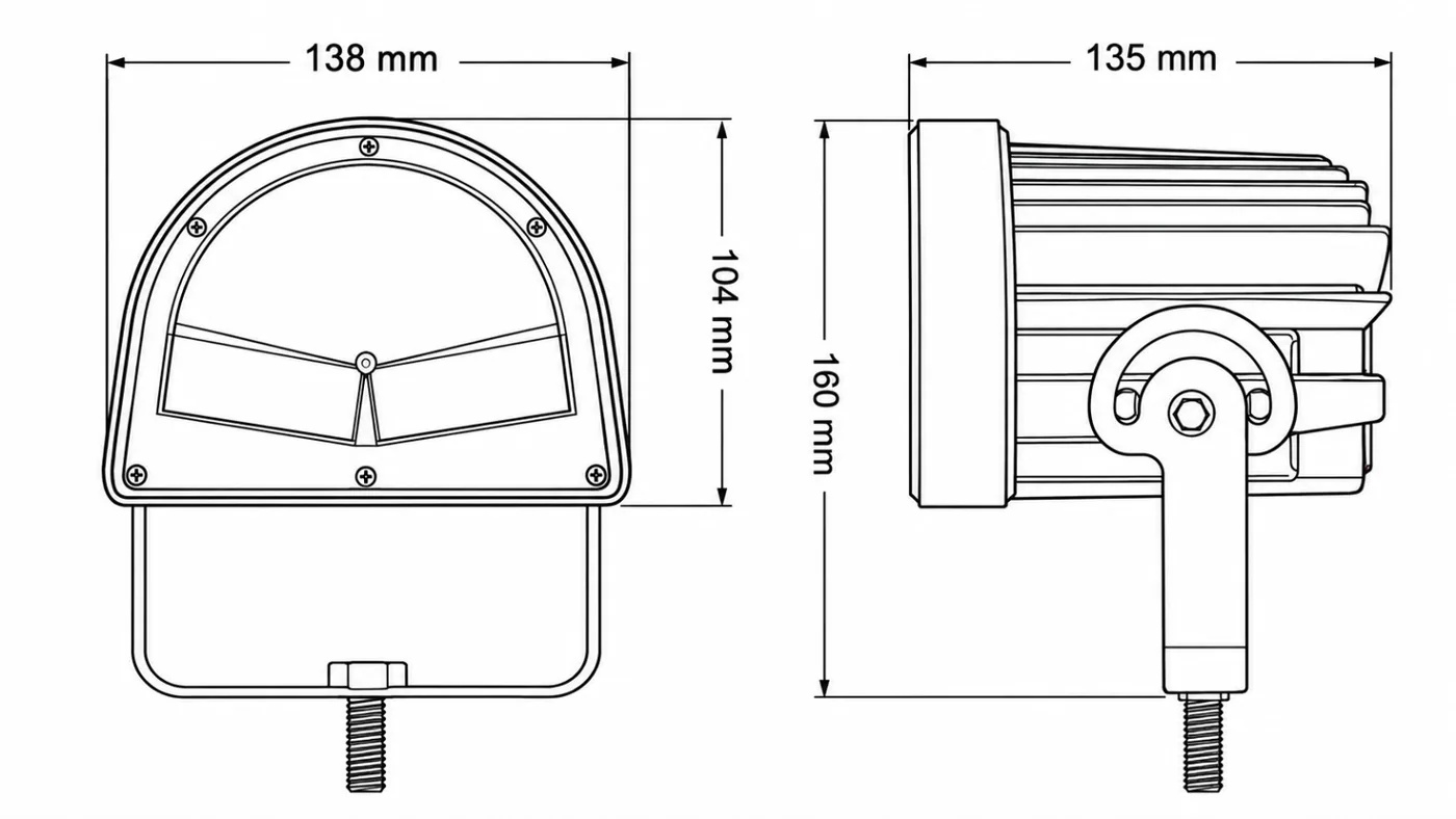 HIS-LED-FLW-022 forklift arc safety light dimension drawing showing 138 mm width, 160 mm height and 135 mm depth