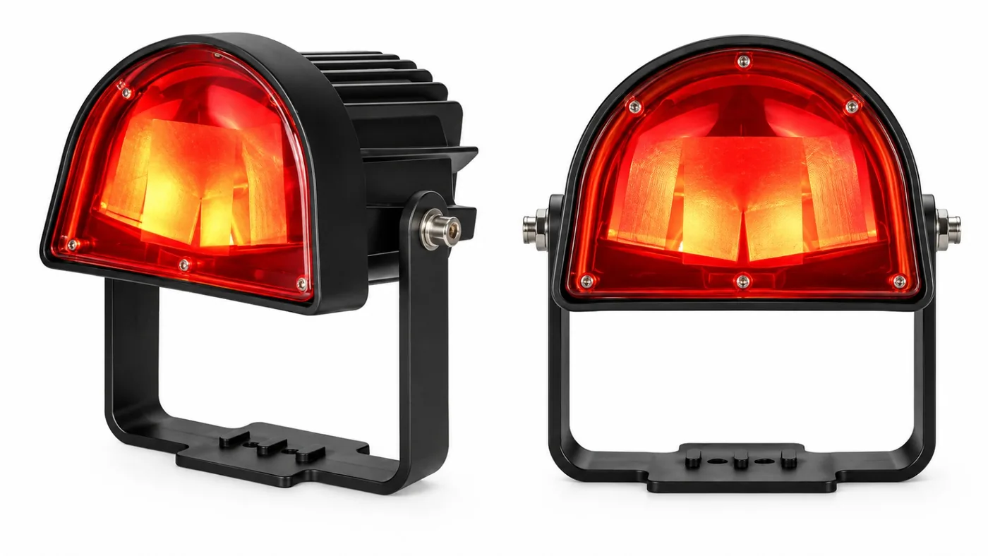 Black forklift arc safety light with red lens and adjustable mounting bracket