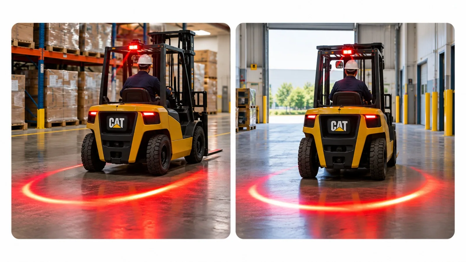 Forklift using a projected red arc warning light in a warehouse