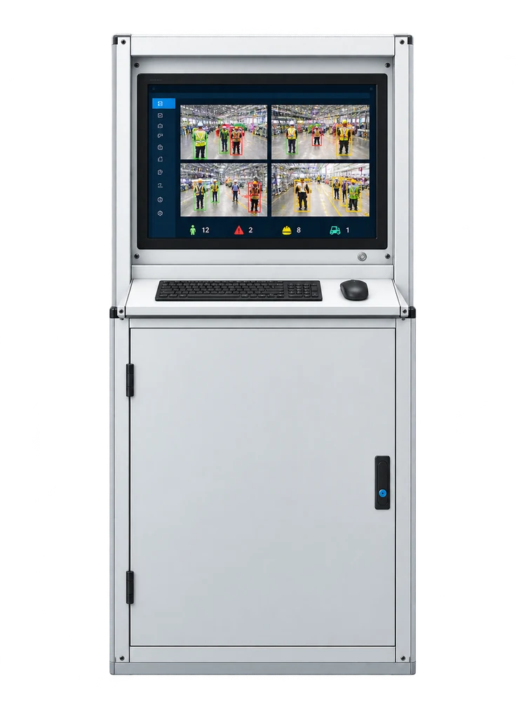 Industrial AI safety monitoring kiosk with integrated monitor
