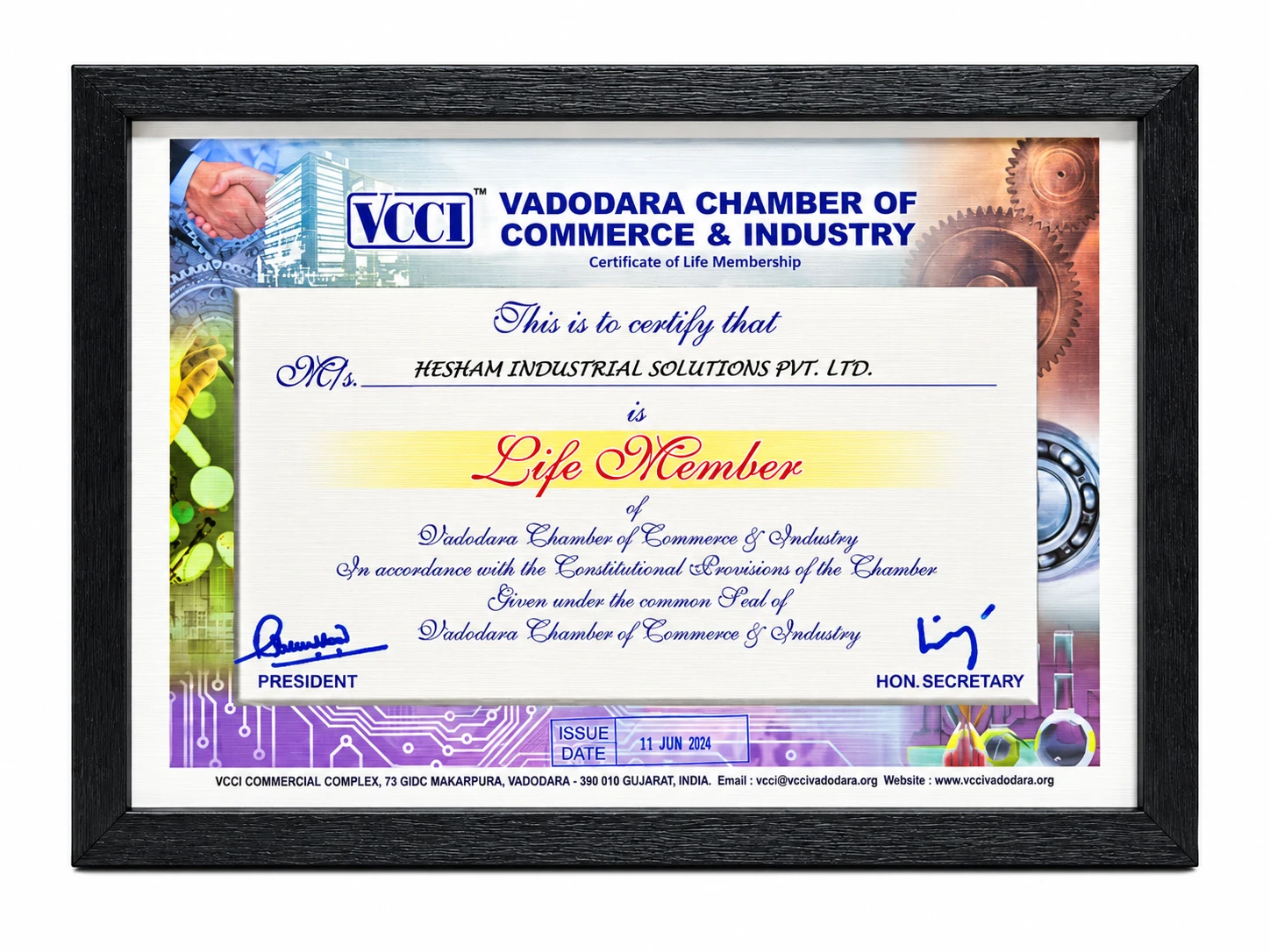 VCCI Life Membership Certificate of Hesham Industrial Solutions Pvt. Ltd.